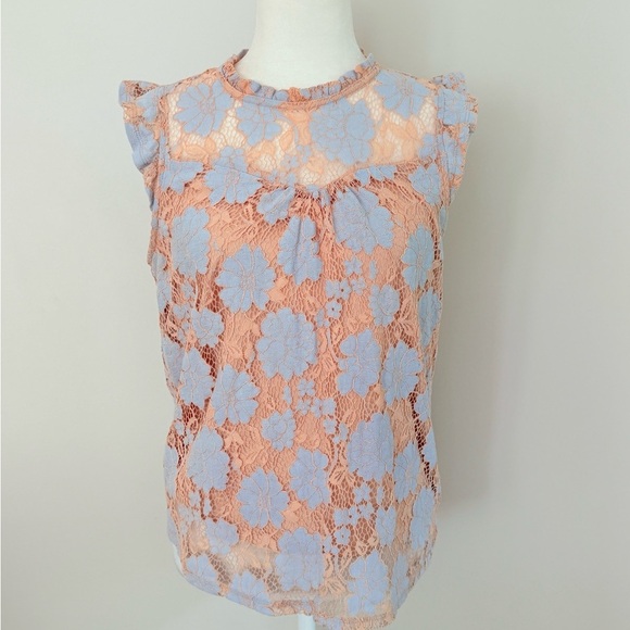 Monteau Lace & floral sleeveless lined top Size Large light blue & tan - Picture 3 of 13